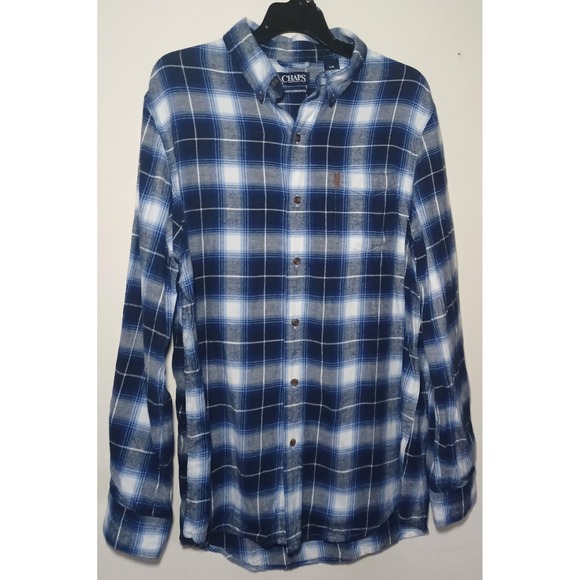 Chaps Performance Blue Plaid Flannel Shirt Men's Large L/S Cotton Rustic Preppy - Picture 2 of 10